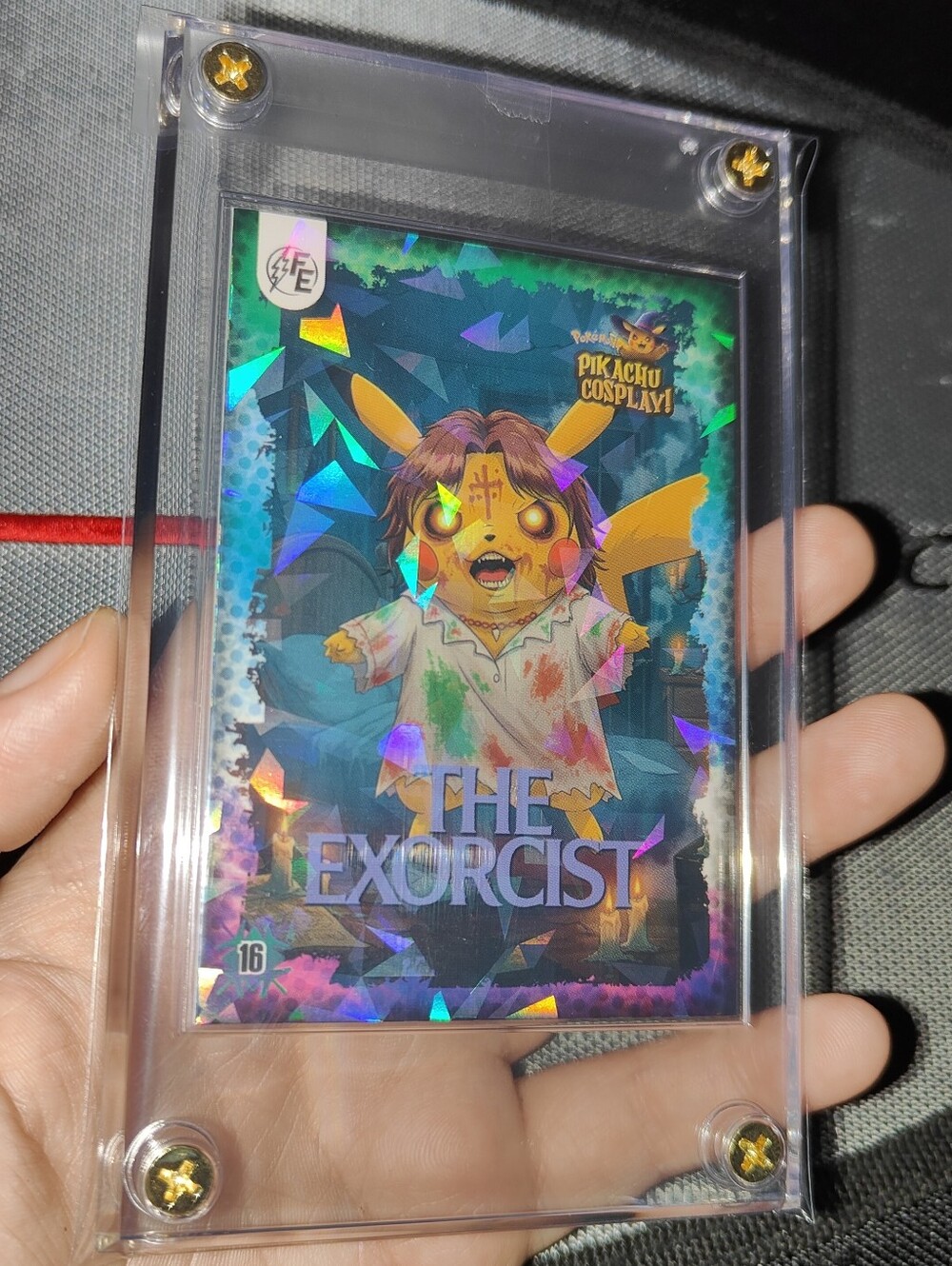 The Exorcist holo encased Pikachu Cosplay Horror card Unofficial Pokemon Peru